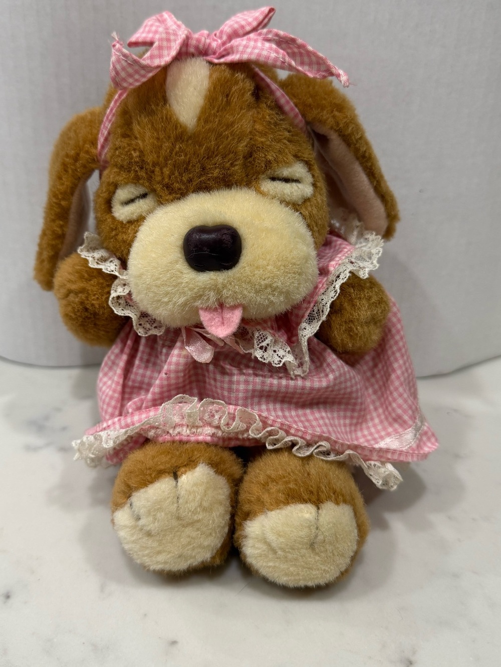 Vintage 1980s Creative Concepts Sleeping Dog Plush Gingham Dress Lace Trim Toy